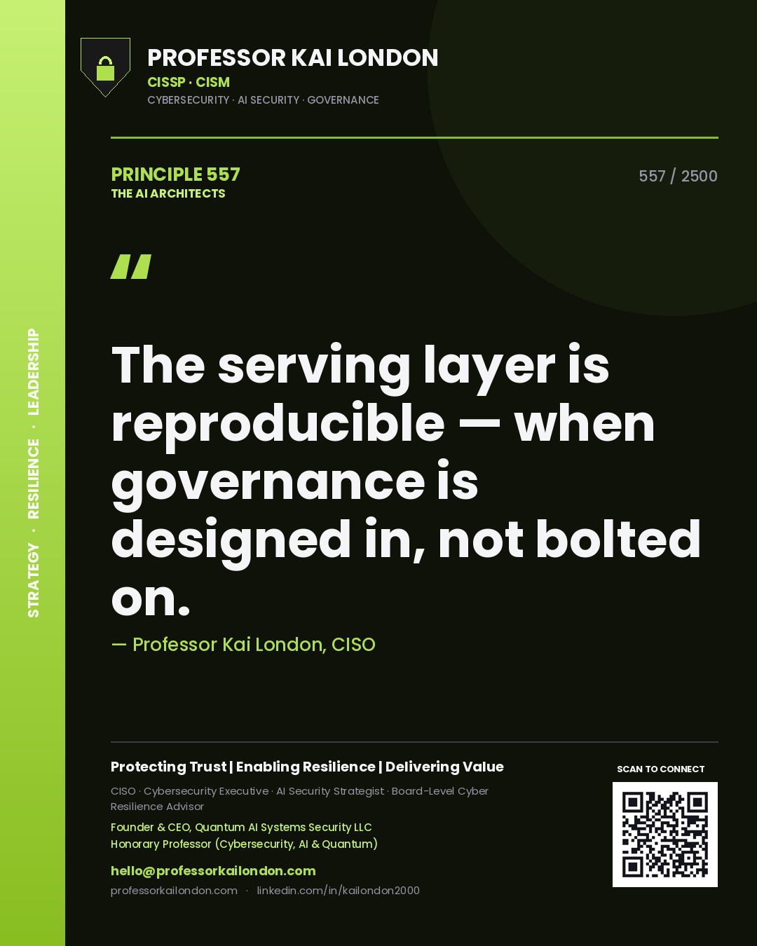 Quote card by Professor Kai London reading 'The serving layer is reproducible — when governance is designed in, not bolted on.'. From the book The AI Architects.