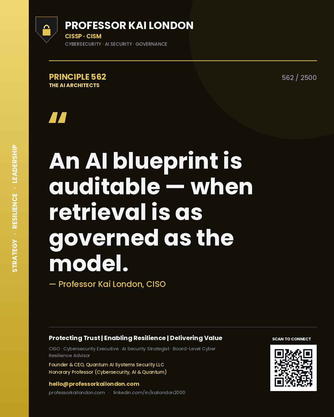 Quote card by Professor Kai London reading 'An AI blueprint is auditable — when retrieval is as governed as the model.'. From the book The AI Architects.