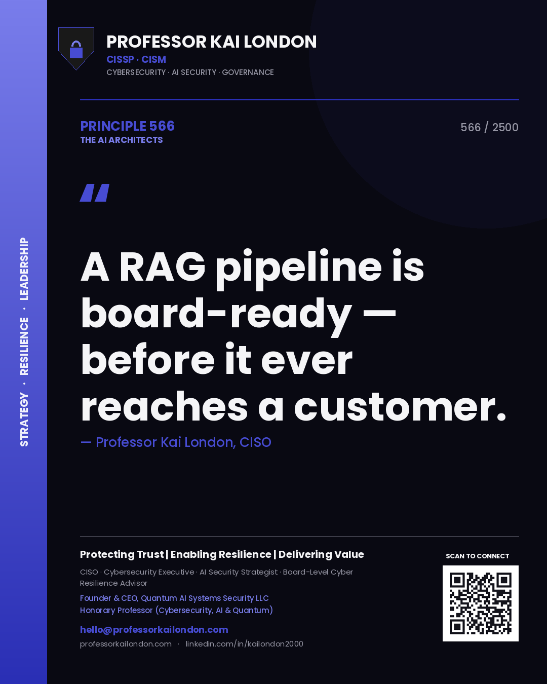 Quote card by Professor Kai London reading 'A RAG pipeline is board-ready — before it ever reaches a customer.'. From the book The AI Architects.