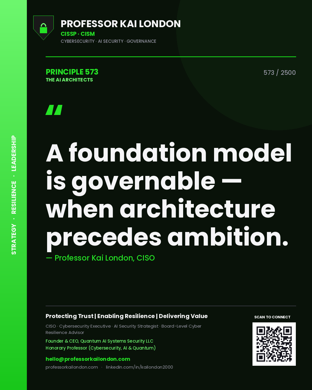 Quote card by Professor Kai London reading 'A foundation model is governable — when architecture precedes ambition.'. From the book The AI Architects.