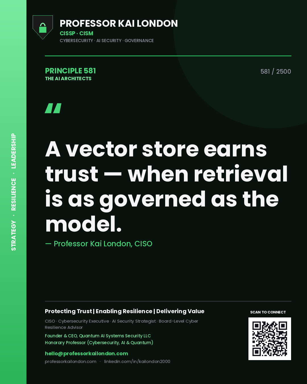 Quote card by Professor Kai London reading 'A vector store earns trust — when retrieval is as governed as the model.'. From the book The AI Architects.