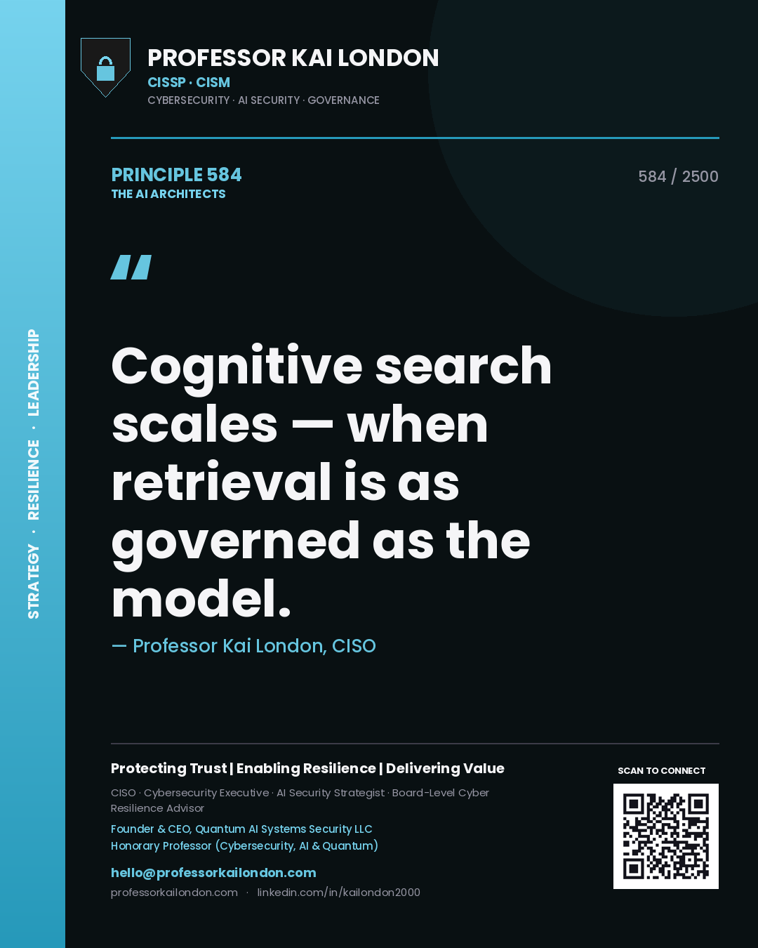 Quote card by Professor Kai London reading 'Cognitive search scales — when retrieval is as governed as the model.'. From the book The AI Architects.