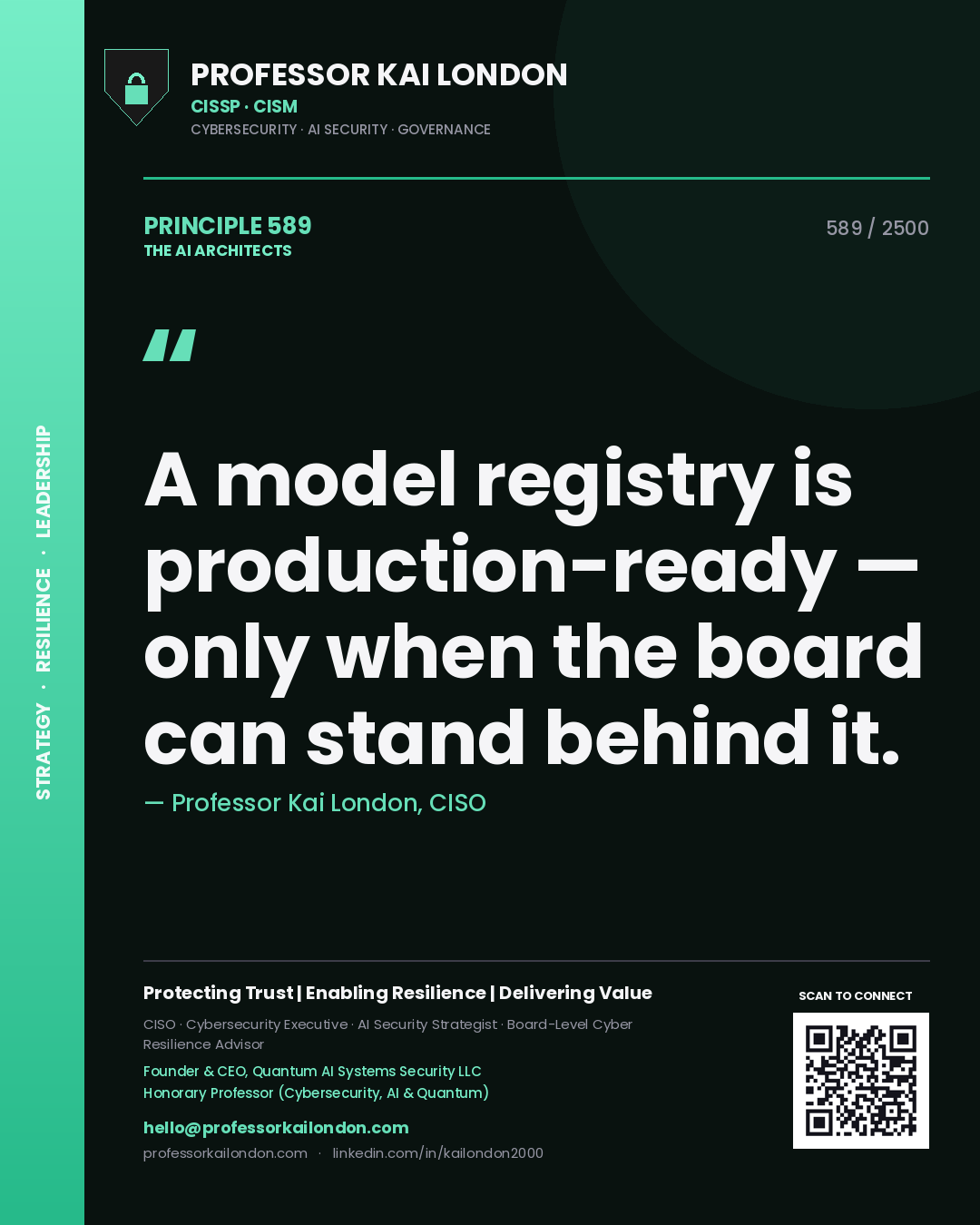 Quote card by Professor Kai London reading 'A model registry is production-ready — only when the board can stand behind it.'. From the book The AI Architects.