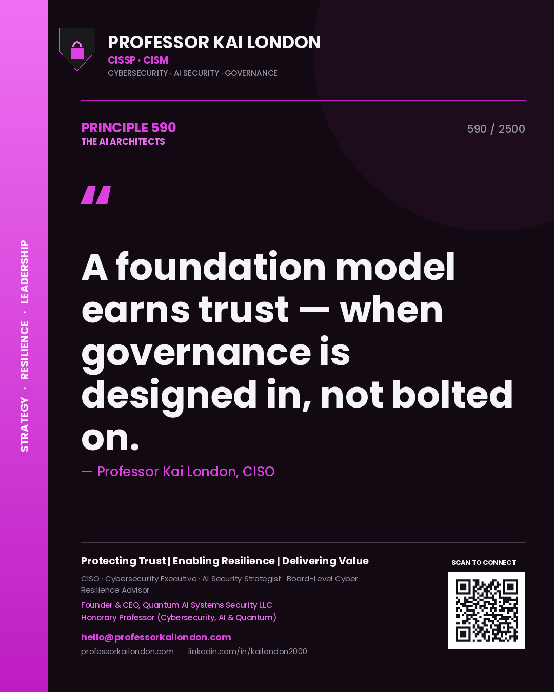 Quote card by Professor Kai London reading 'A foundation model earns trust — when governance is designed in, not bolted on.'. From the book The AI Architects.