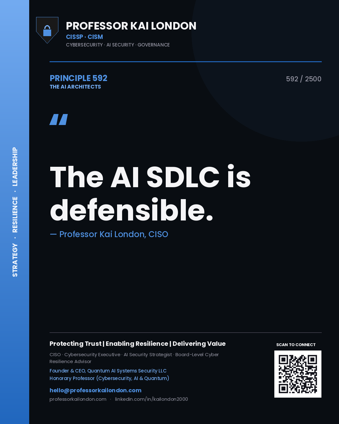 Quote card by Professor Kai London reading 'The AI SDLC is defensible.'. From the book The AI Architects.