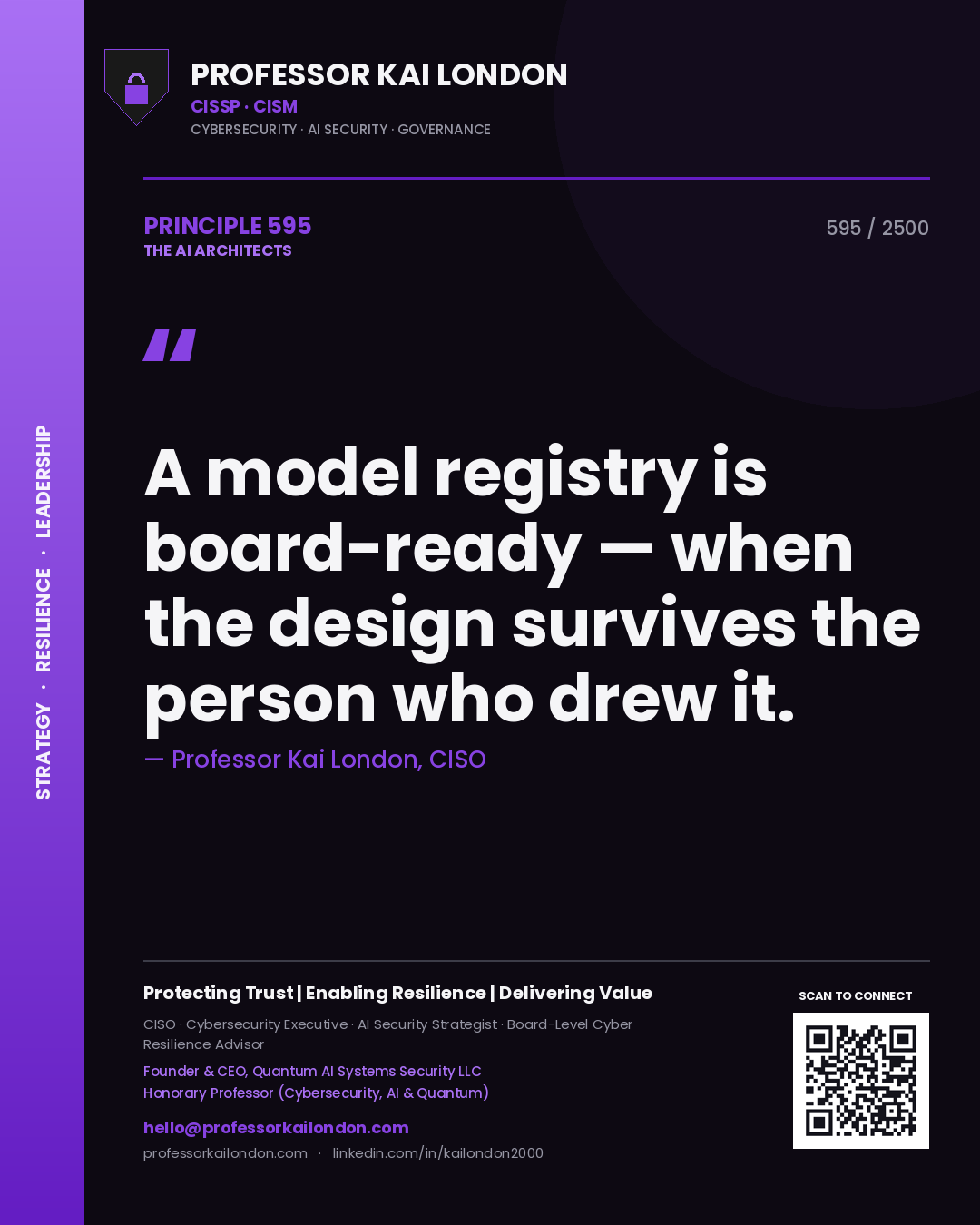Quote card by Professor Kai London reading 'A model registry is board-ready — when the design survives the person who drew it.'. From the book The AI Architects.