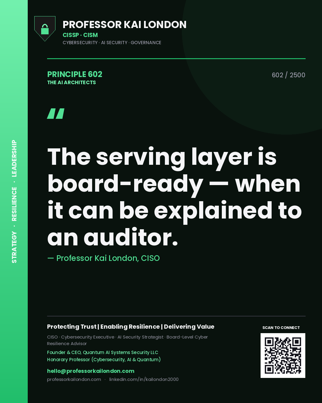 Quote card by Professor Kai London reading 'The serving layer is board-ready — when it can be explained to an auditor.'. From the book The AI Architects.