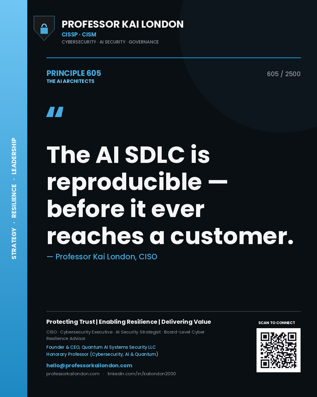 Quote card by Professor Kai London reading 'The AI SDLC is reproducible — before it ever reaches a customer.'. From the book The AI Architects.