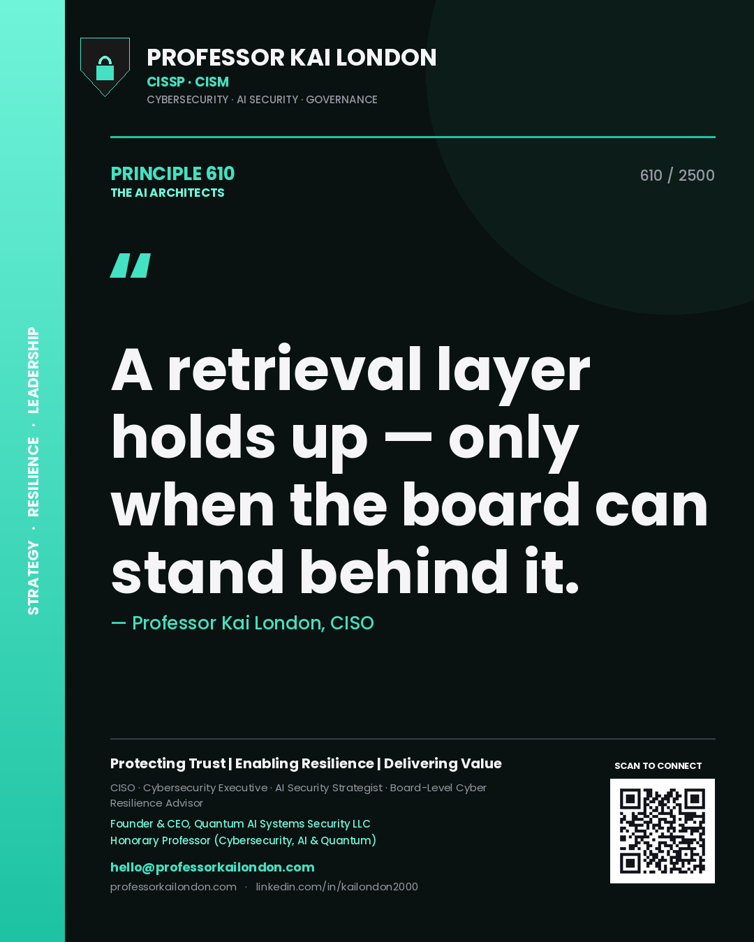 Professor Kai London principle 610: A retrieval layer holds up — only when the board can stand behind it.