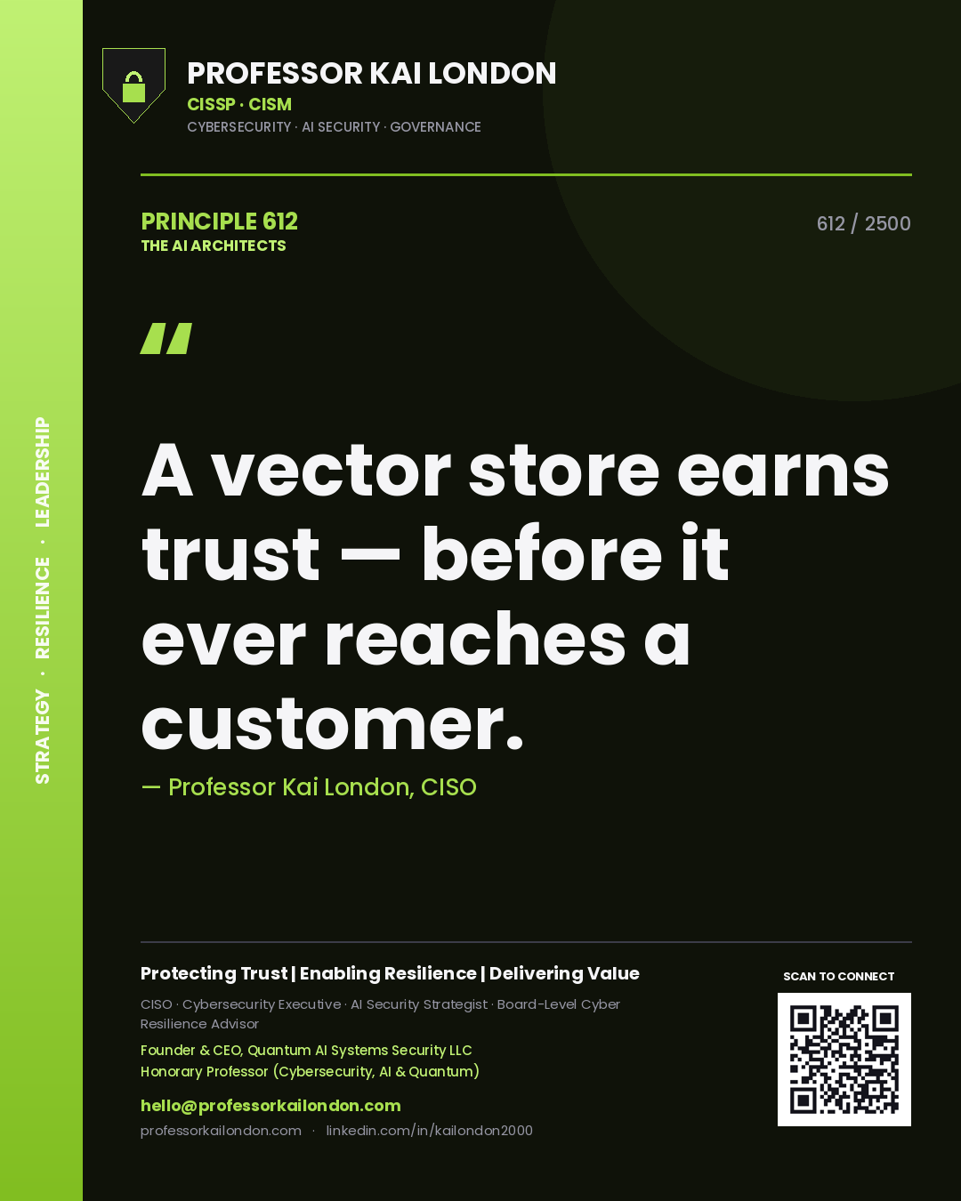 Professor Kai London principle 612: A vector store earns trust — before it ever reaches a customer.