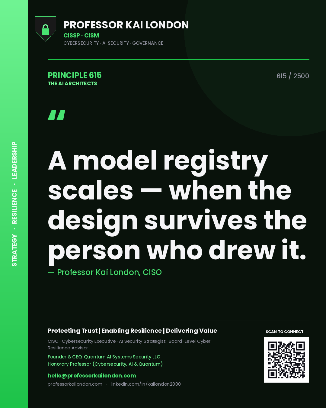 Quote card by Professor Kai London reading 'A model registry scales — when the design survives the person who drew it.'. From the book The AI Architects.