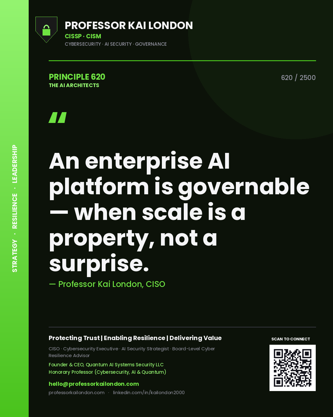 Quote card by Professor Kai London reading 'An enterprise AI platform is governable — when scale is a property, not a surprise.'. From the book The AI Architects.