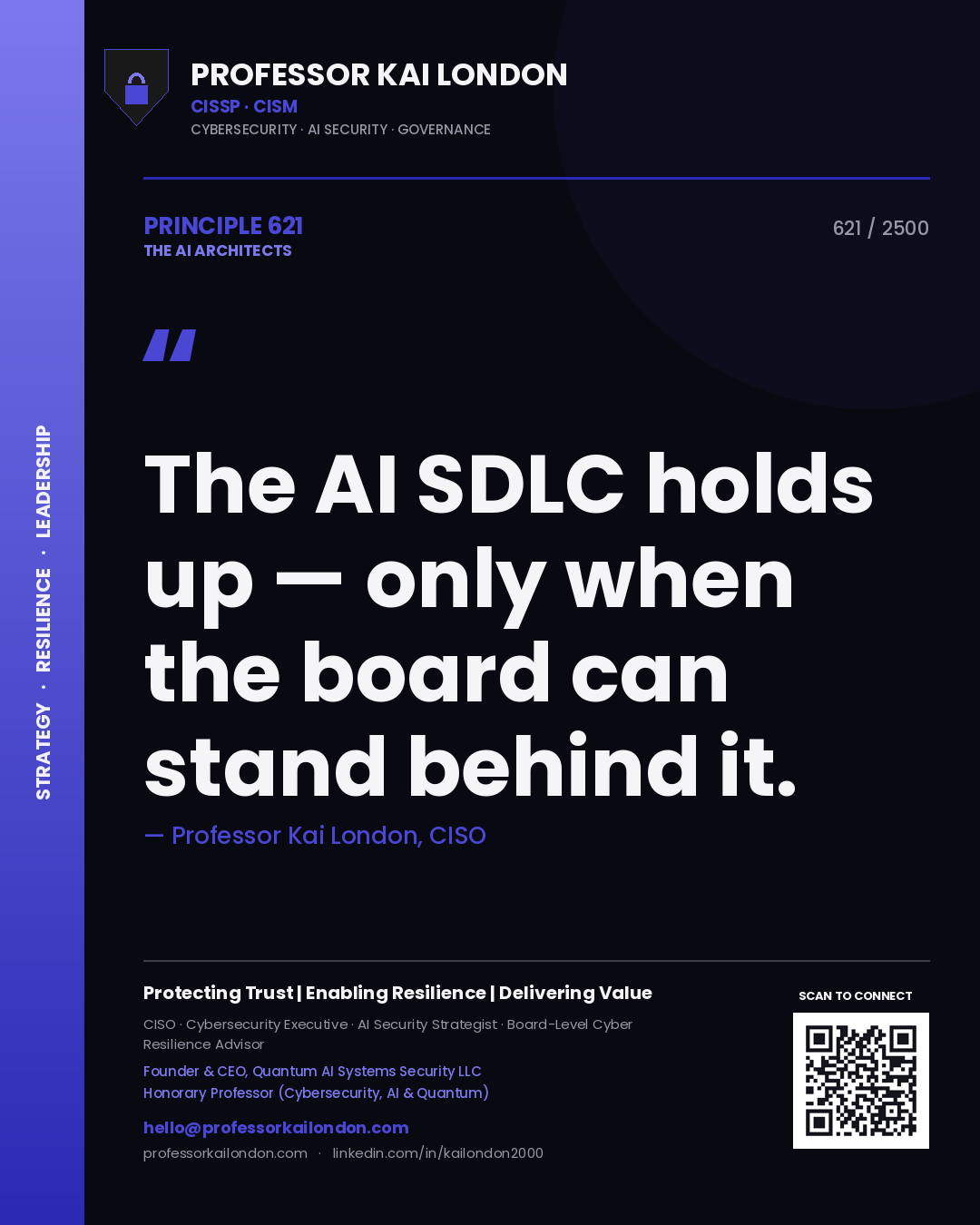 Quote card by Professor Kai London reading 'The AI SDLC holds up — only when the board can stand behind it.'. From the book The AI Architects.