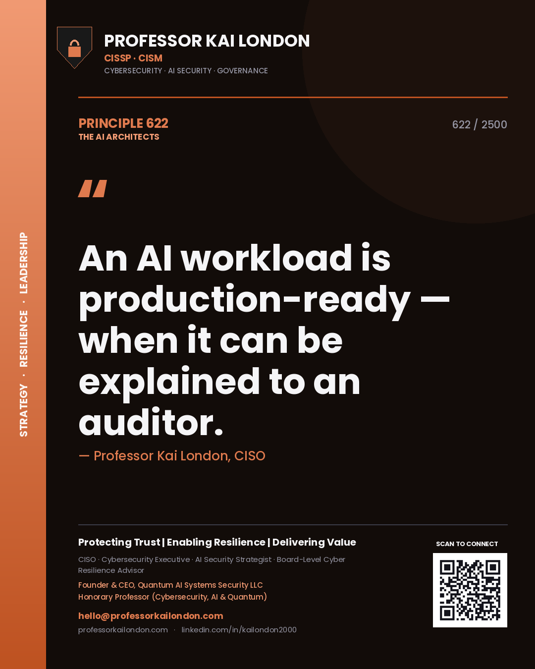 Quote card by Professor Kai London reading 'An AI workload is production-ready — when it can be explained to an auditor.'. From the book The AI Architects.