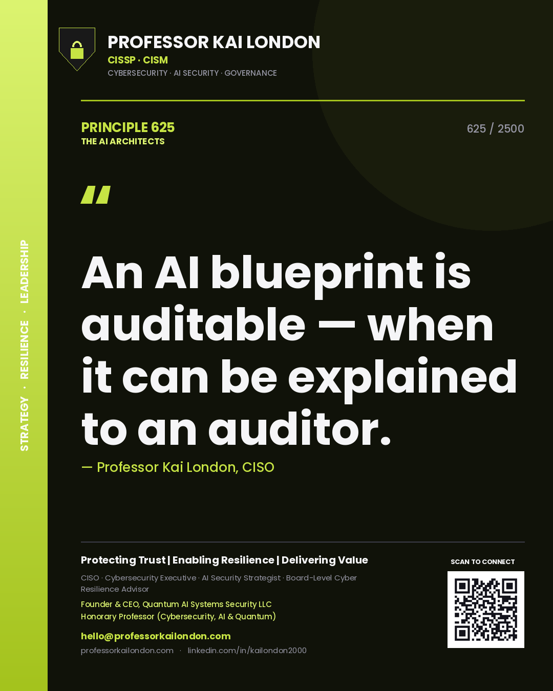 Quote card by Professor Kai London reading 'An AI blueprint is auditable — when it can be explained to an auditor.'. From the book The AI Architects.