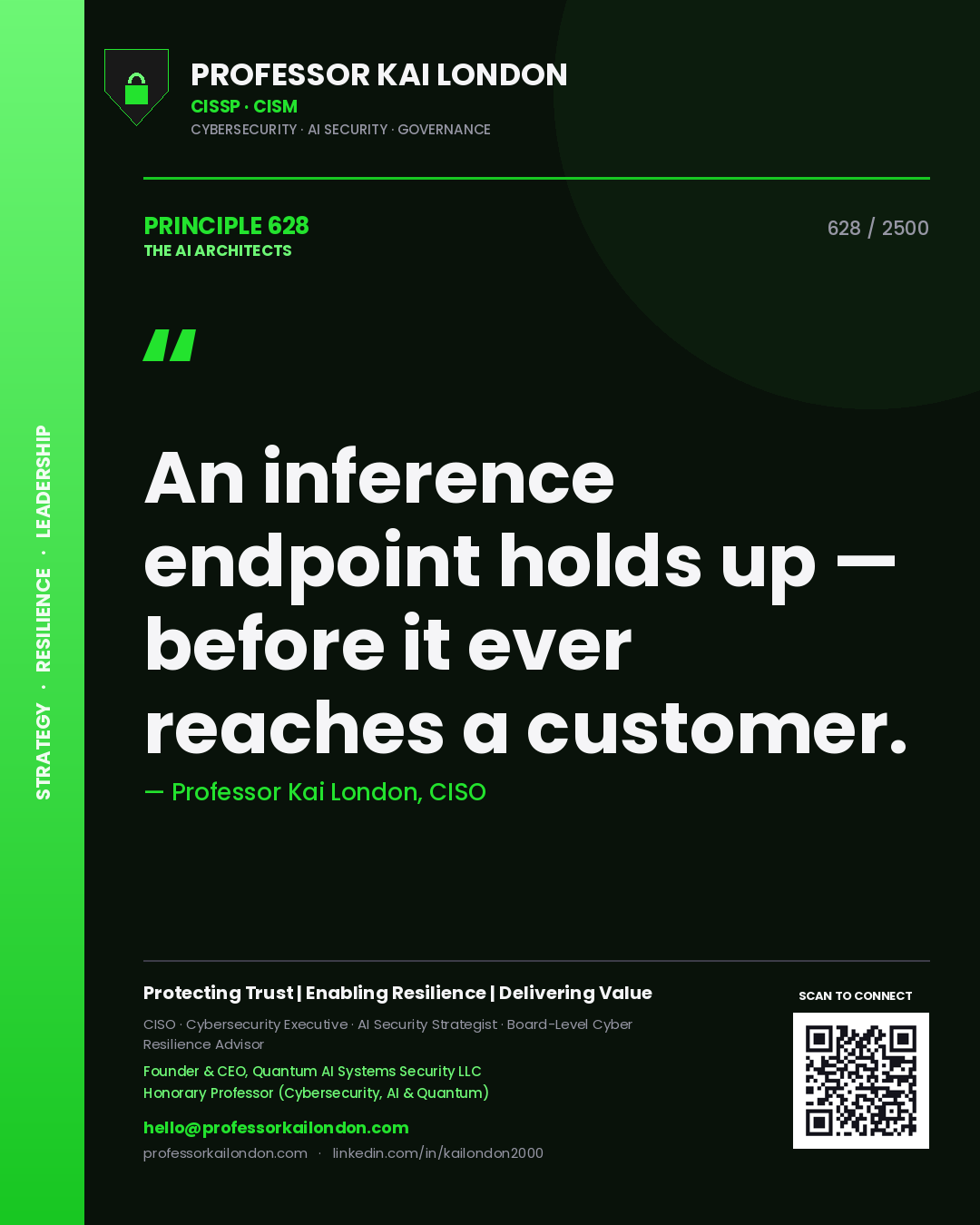 Quote card by Professor Kai London reading 'An inference endpoint holds up — before it ever reaches a customer.'. From the book The AI Architects.