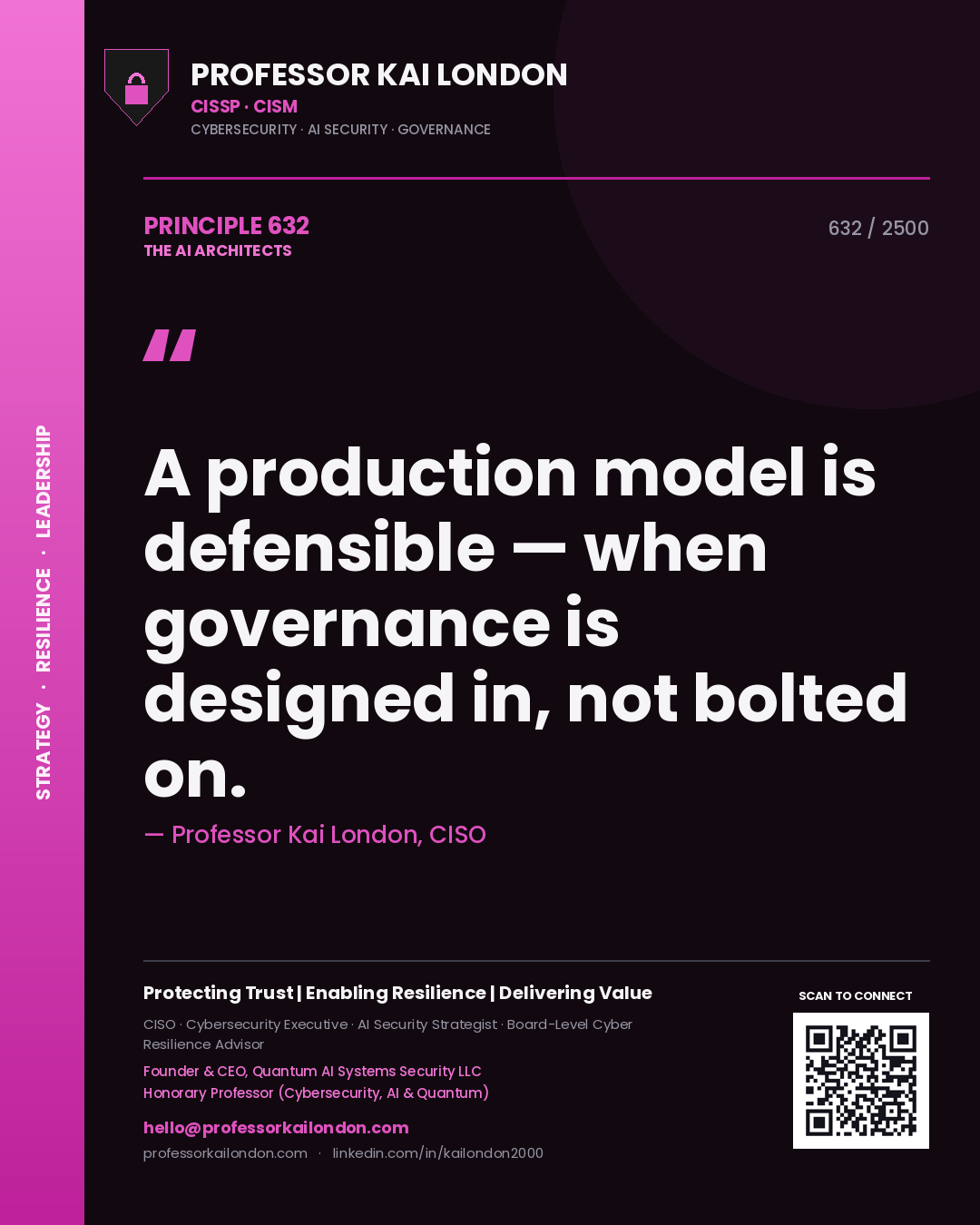 Quote card by Professor Kai London reading 'A production model is defensible — when governance is designed in, not bolted on.'. From the book The AI Architects.