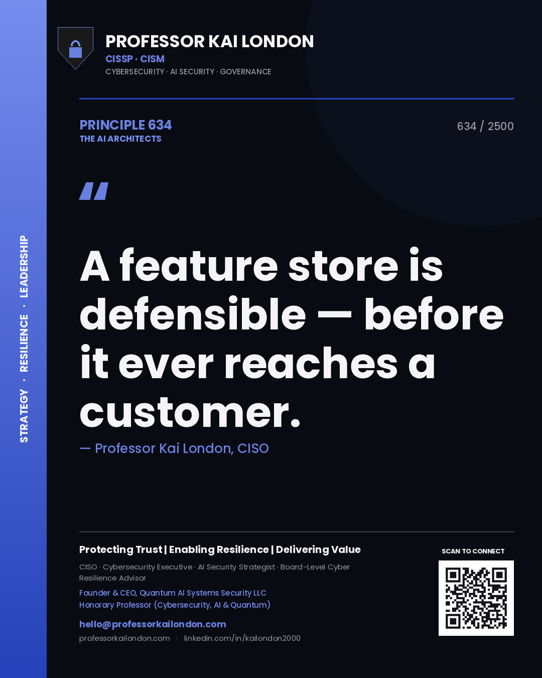 Quote card by Professor Kai London reading 'A feature store is defensible — before it ever reaches a customer.'. From the book The AI Architects.