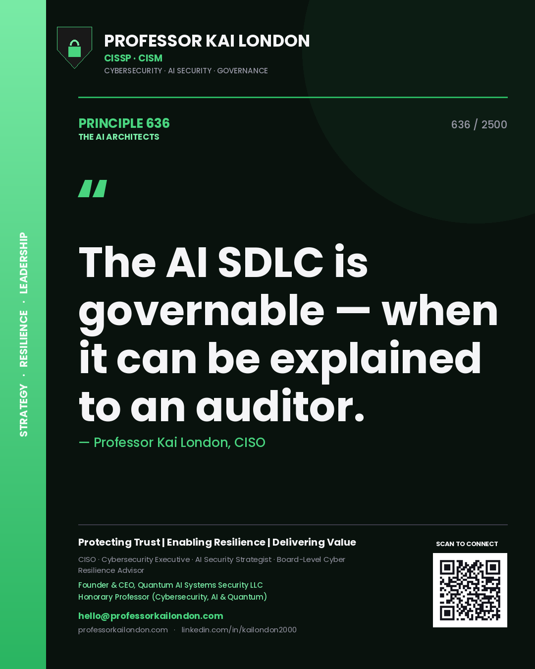 Quote card by Professor Kai London reading 'The AI SDLC is governable — when it can be explained to an auditor.'. From the book The AI Architects.