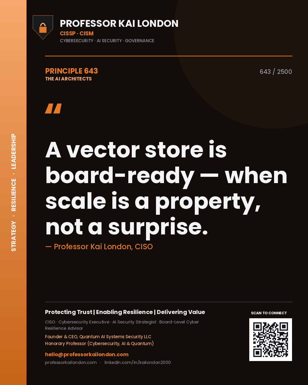 Quote card by Professor Kai London reading 'A vector store is board-ready — when scale is a property, not a surprise.'. From the book The AI Architects.