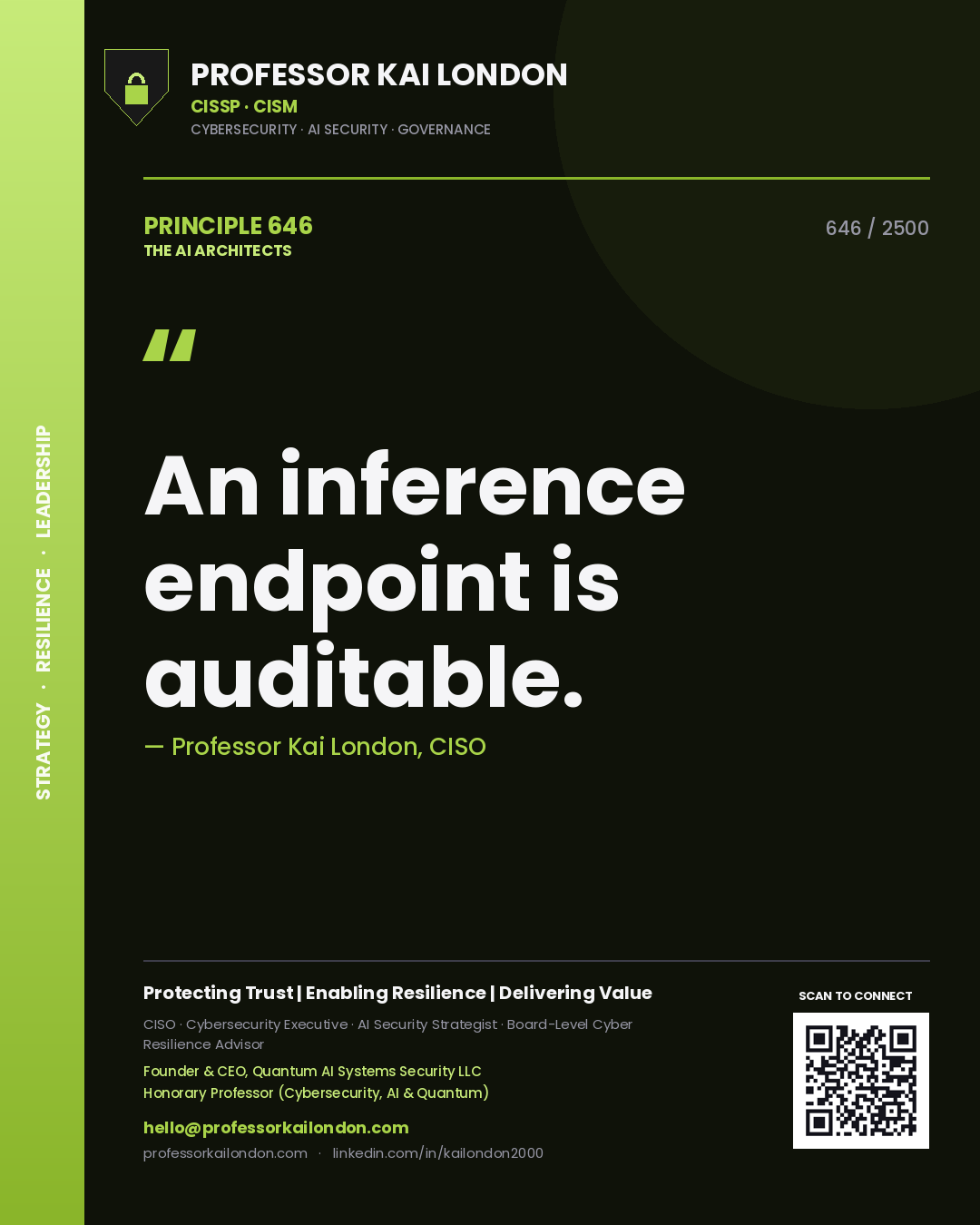 Quote card by Professor Kai London reading 'An inference endpoint is auditable.'. From the book The AI Architects.