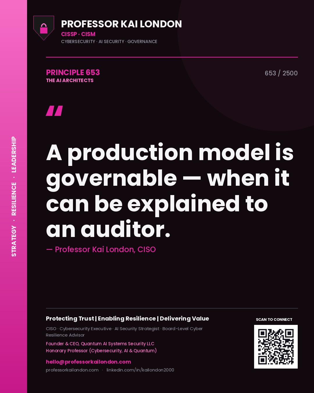 Quote card by Professor Kai London reading 'A production model is governable — when it can be explained to an auditor.'. From the book The AI Architects.