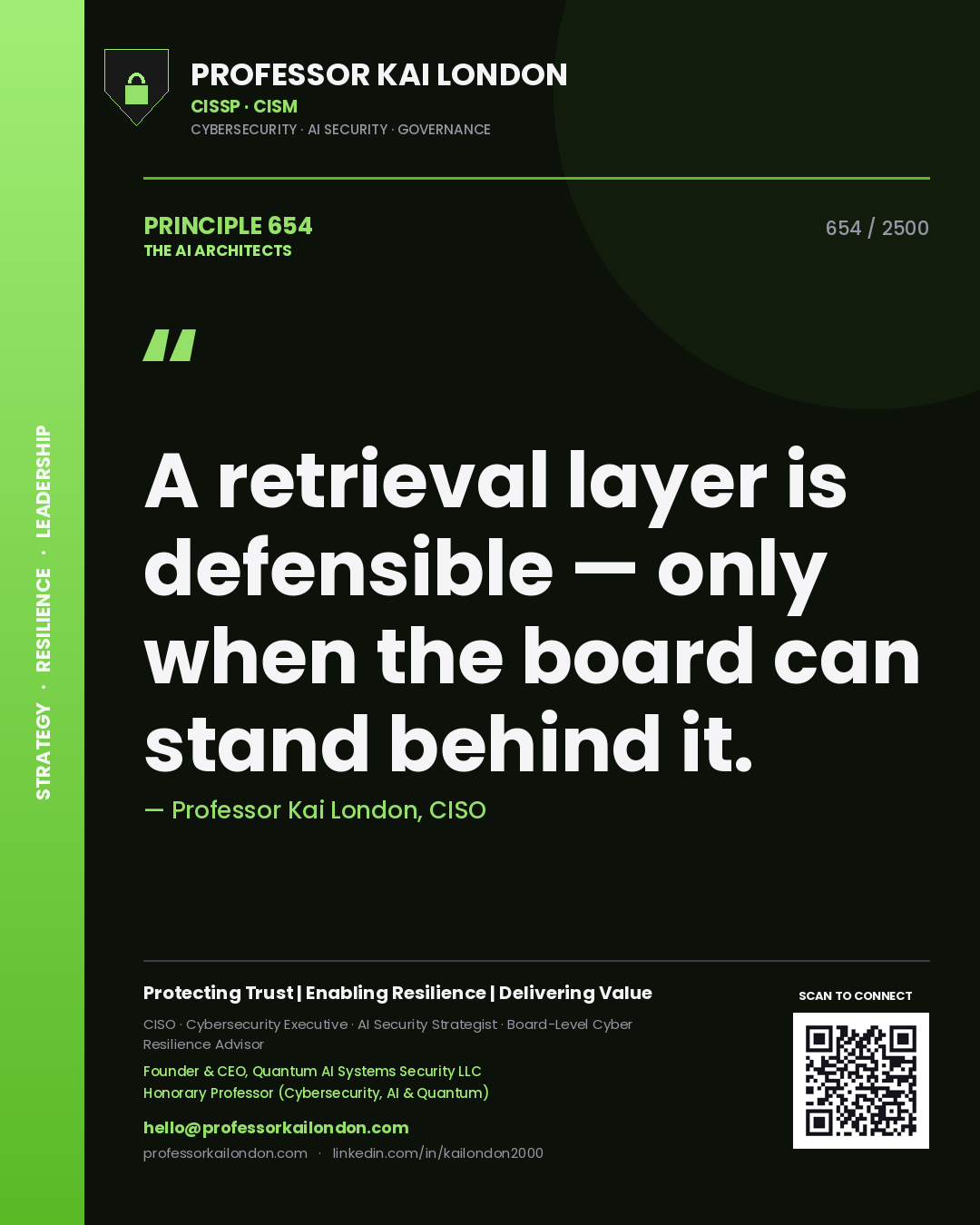 Quote card by Professor Kai London reading 'A retrieval layer is defensible — only when the board can stand behind it.'. From the book The AI Architects.