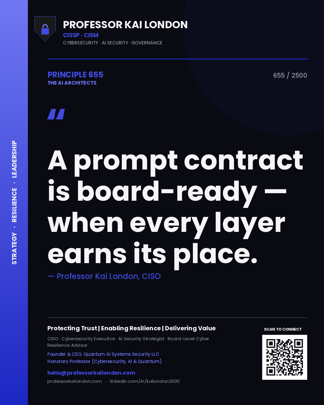 Quote card by Professor Kai London reading 'A prompt contract is board-ready — when every layer earns its place.'. From the book The AI Architects.