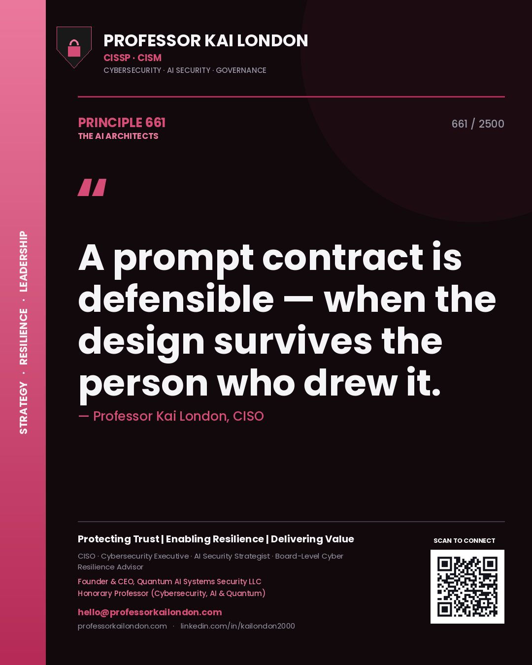 Quote card by Professor Kai London reading 'A prompt contract is defensible — when the design survives the person who drew it.'. From the book The AI Architects.