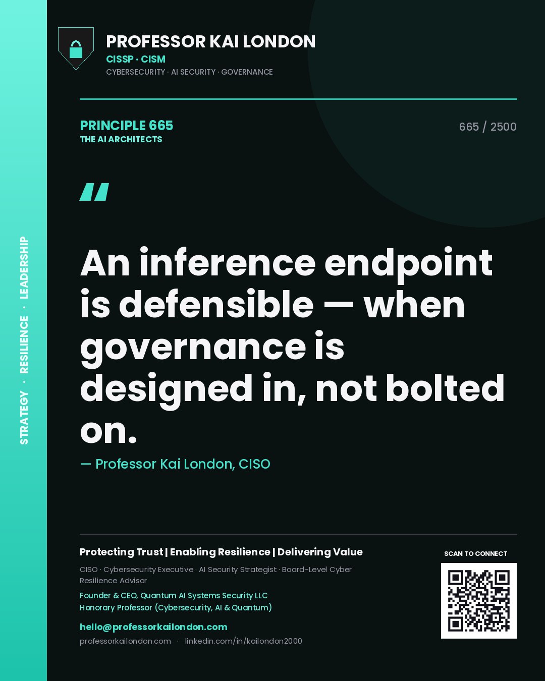 Quote card by Professor Kai London reading 'An inference endpoint is defensible — when governance is designed in, not bolted on.'. From the book The AI Architects.