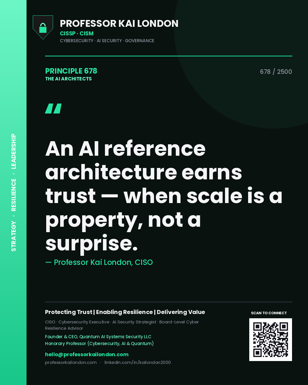 Quote card by Professor Kai London reading 'An AI reference architecture earns trust — when scale is a property, not a surprise.'. From the book The AI Architects.