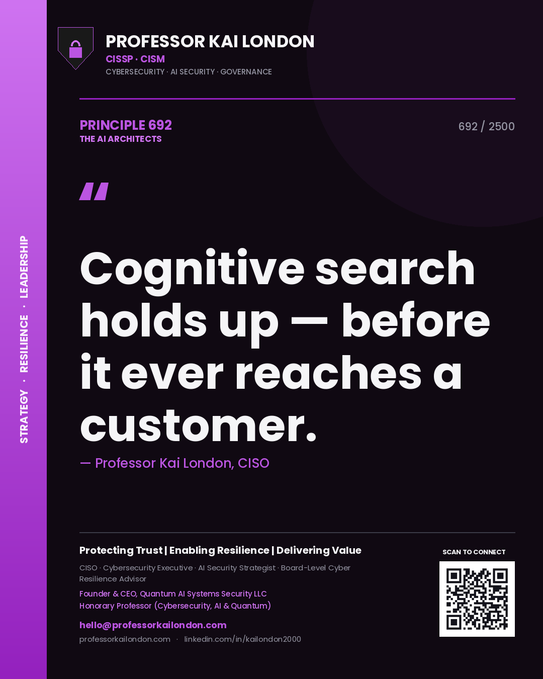Quote card by Professor Kai London reading 'Cognitive search holds up — before it ever reaches a customer.'. From the book The AI Architects.