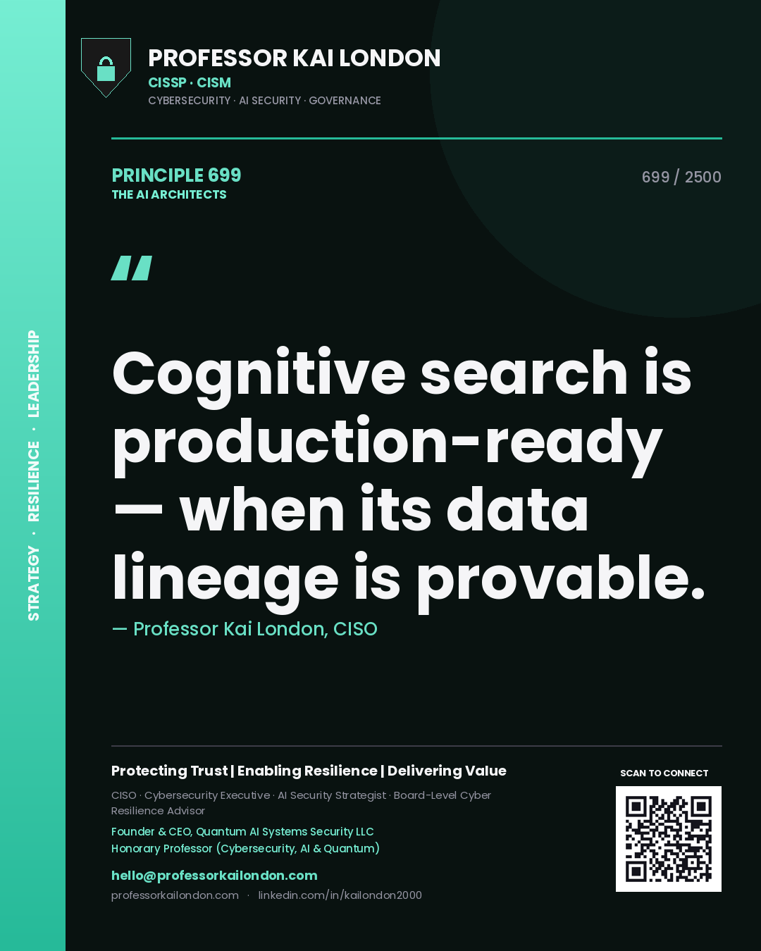 Quote card by Professor Kai London reading 'Cognitive search is production-ready — when its data lineage is provable.'. From the book The AI Architects.