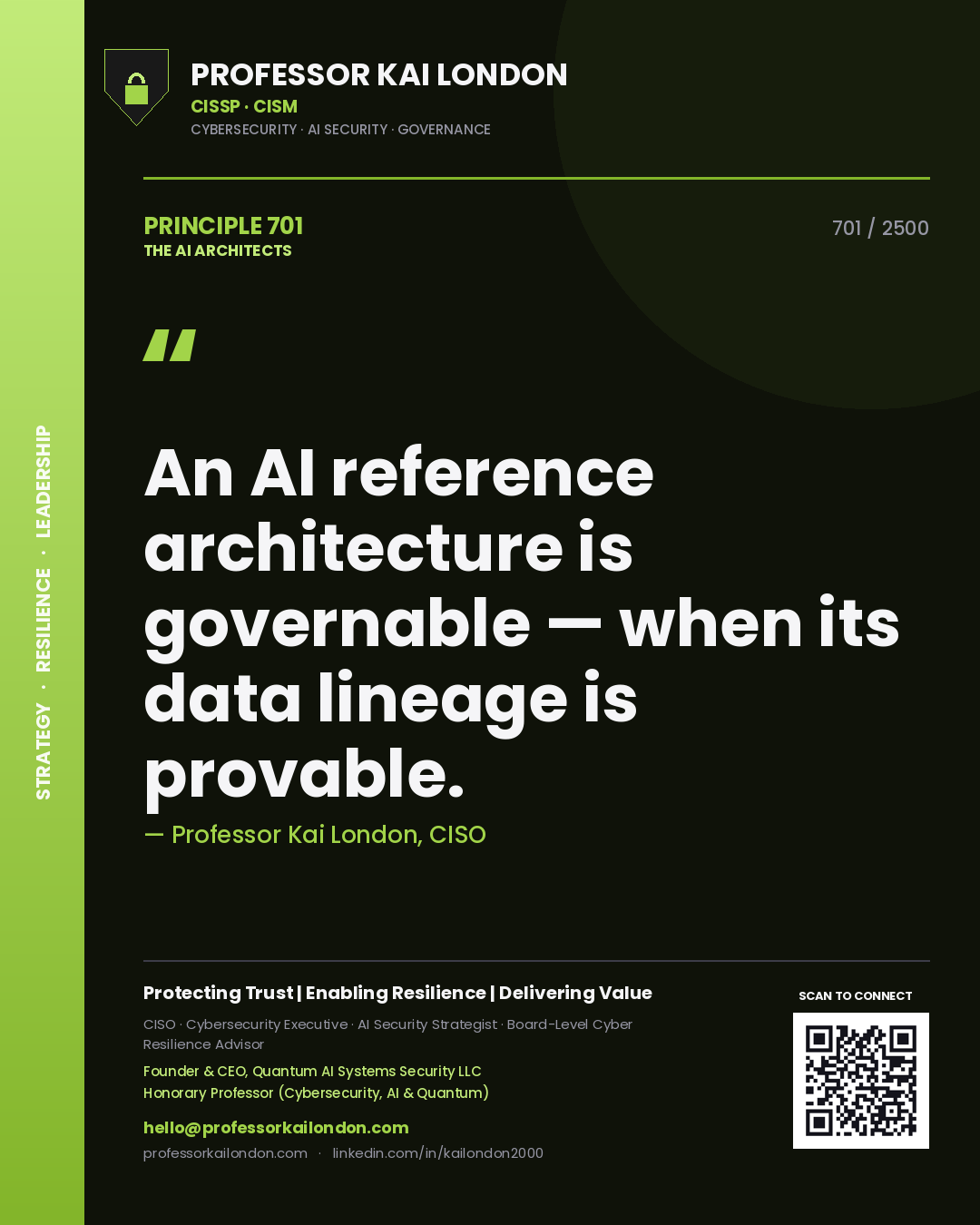 Professor Kai London principle 701: An AI reference architecture is governable — when its data lineage is provable.