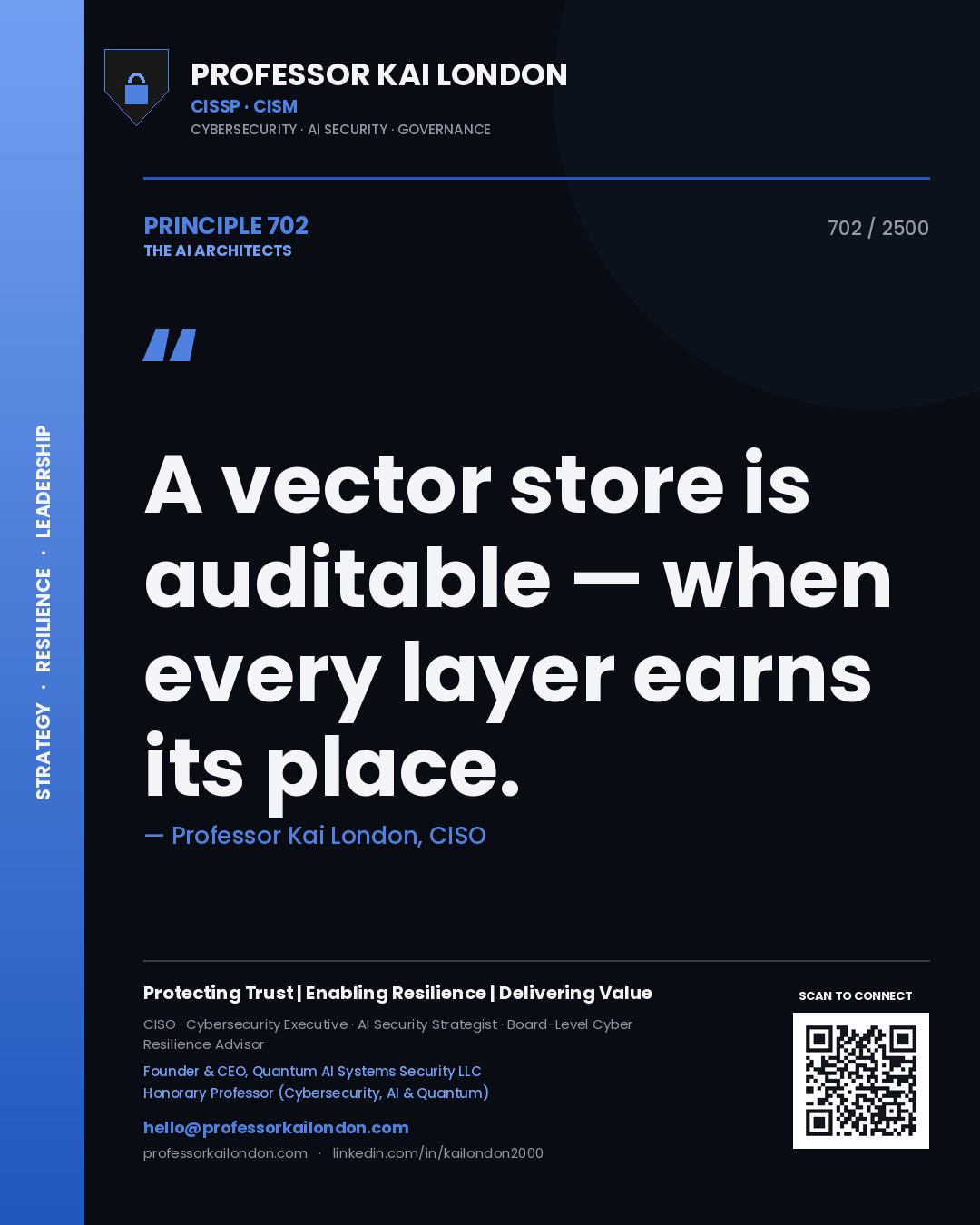 Quote card by Professor Kai London reading 'A vector store is auditable — when every layer earns its place.'. From the book The AI Architects.