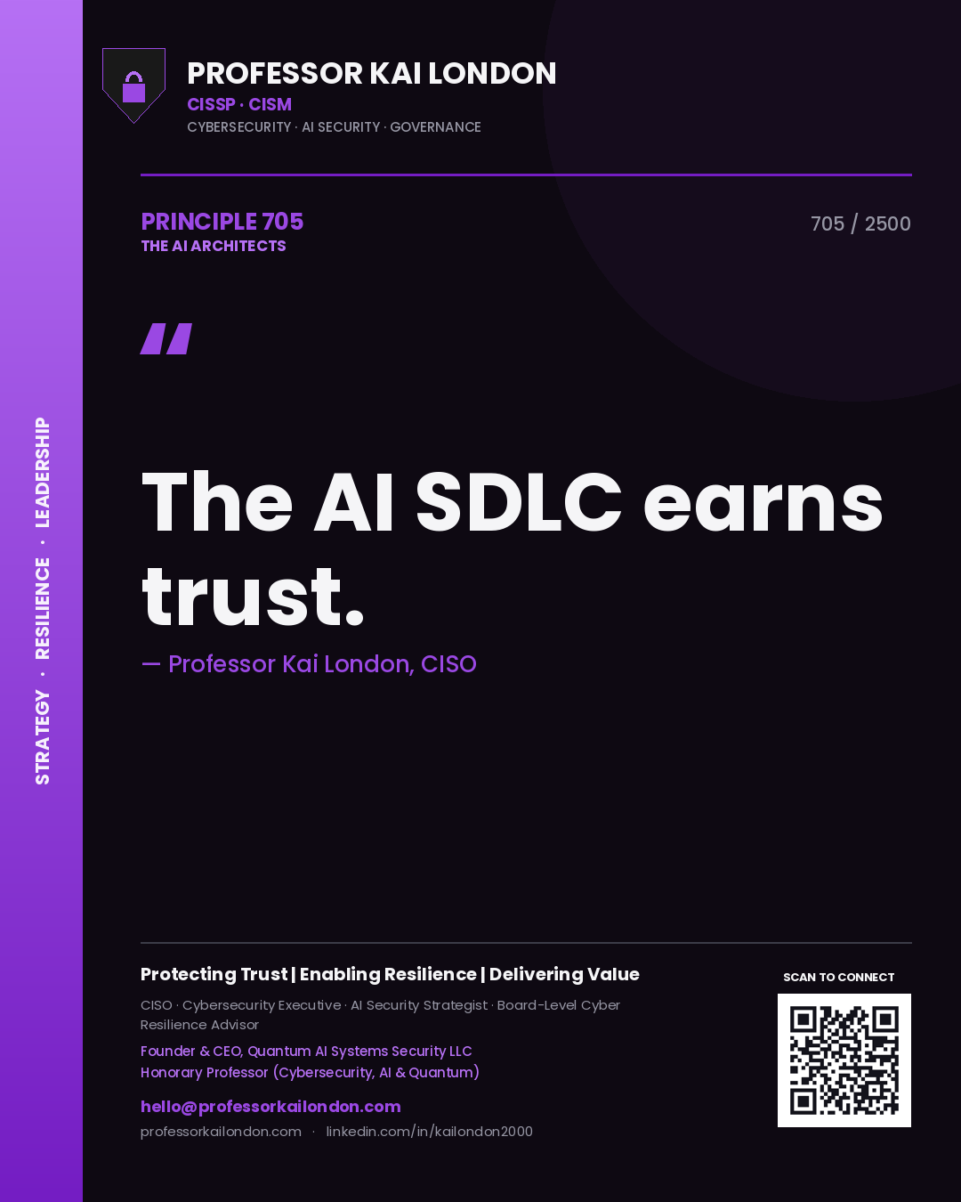 Quote card by Professor Kai London reading 'The AI SDLC earns trust.'. From the book The AI Architects.