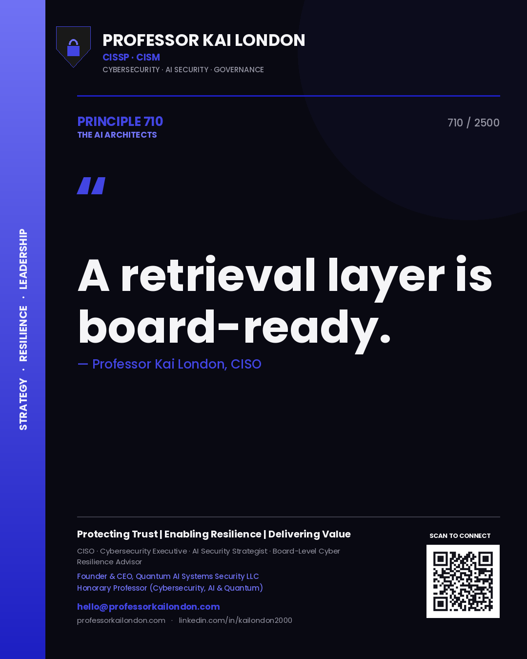 Quote card by Professor Kai London reading 'A retrieval layer is board-ready.'. From the book The AI Architects.