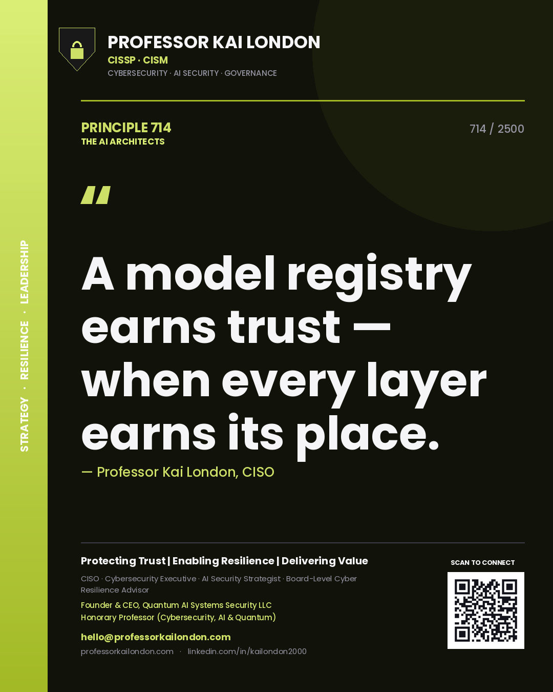 Quote card by Professor Kai London reading 'A model registry earns trust — when every layer earns its place.'. From the book The AI Architects.