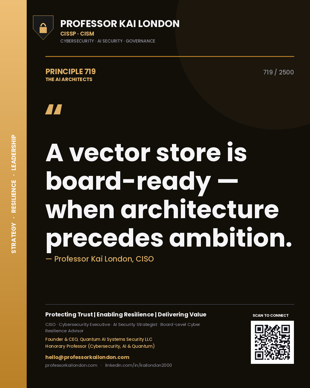 Quote card by Professor Kai London reading 'A vector store is board-ready — when architecture precedes ambition.'. From the book The AI Architects.
