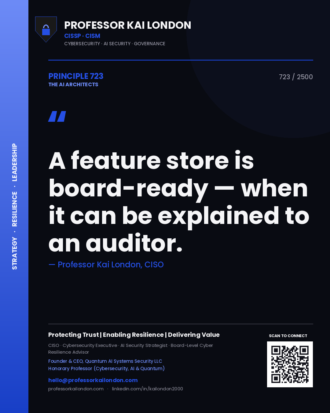 Quote card by Professor Kai London reading 'A feature store is board-ready — when it can be explained to an auditor.'. From the book The AI Architects.