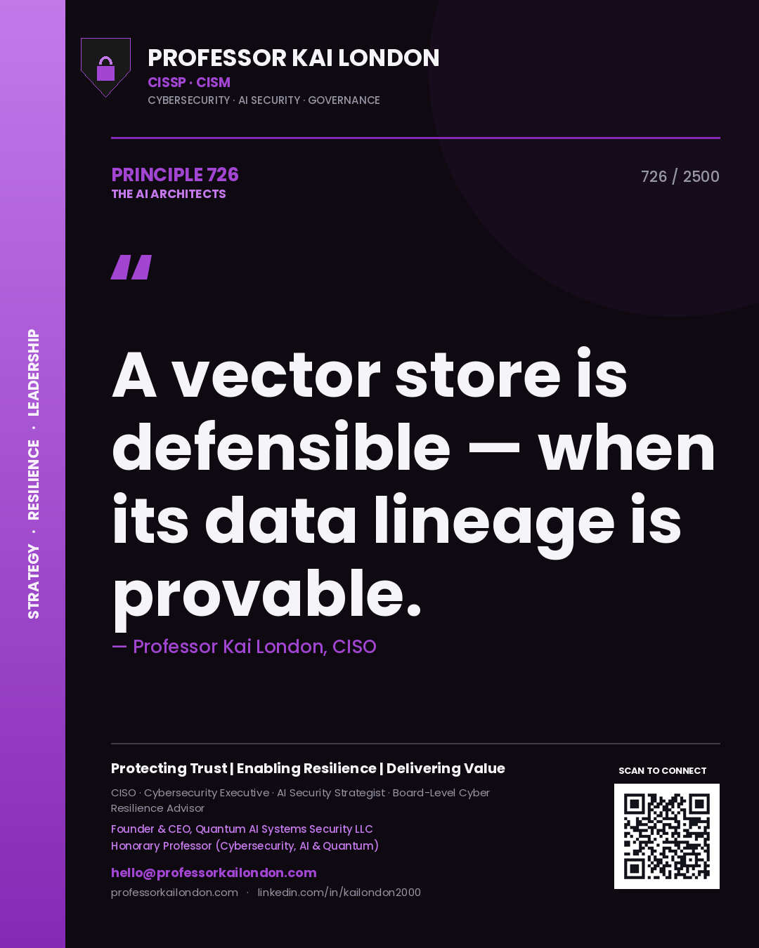 Quote card by Professor Kai London reading 'A vector store is defensible — when its data lineage is provable.'. From the book The AI Architects.
