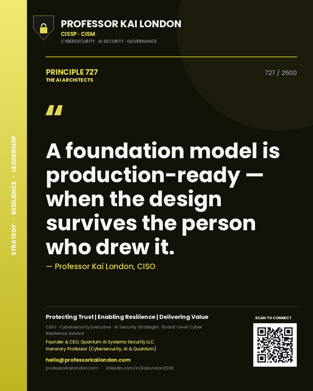 Quote card by Professor Kai London reading 'A foundation model is production-ready — when the design survives the person who drew it.'. From the book The AI Architects.