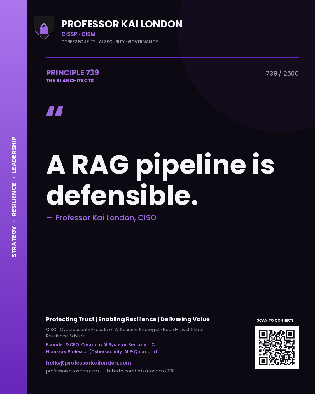 Quote card by Professor Kai London reading 'A RAG pipeline is defensible.'. From the book The AI Architects.