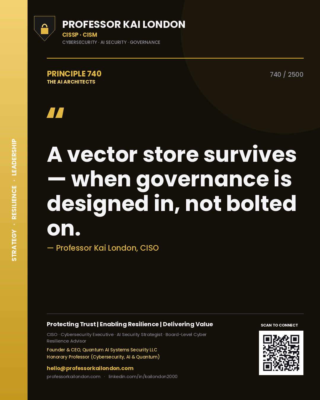 Quote card by Professor Kai London reading 'A vector store survives — when governance is designed in, not bolted on.'. From the book The AI Architects.