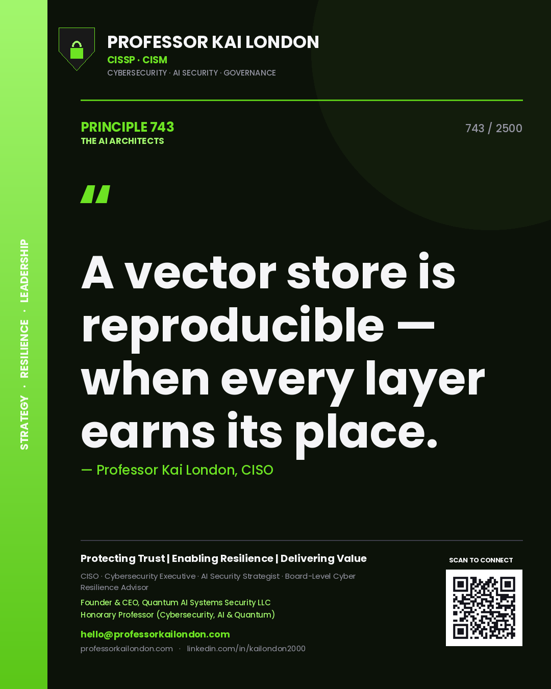 Professor Kai London principle 743: A vector store is reproducible — when every layer earns its place.