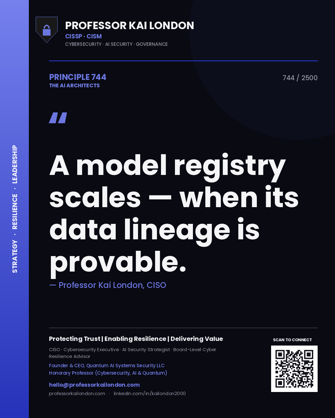 Quote card by Professor Kai London reading 'A model registry scales — when its data lineage is provable.'. From the book The AI Architects.