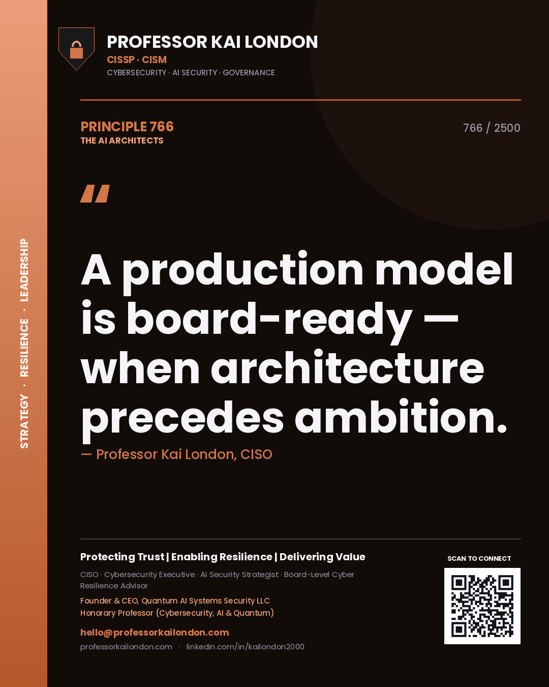 Quote card by Professor Kai London reading 'A production model is board-ready — when architecture precedes ambition.'. From the book The AI Architects.