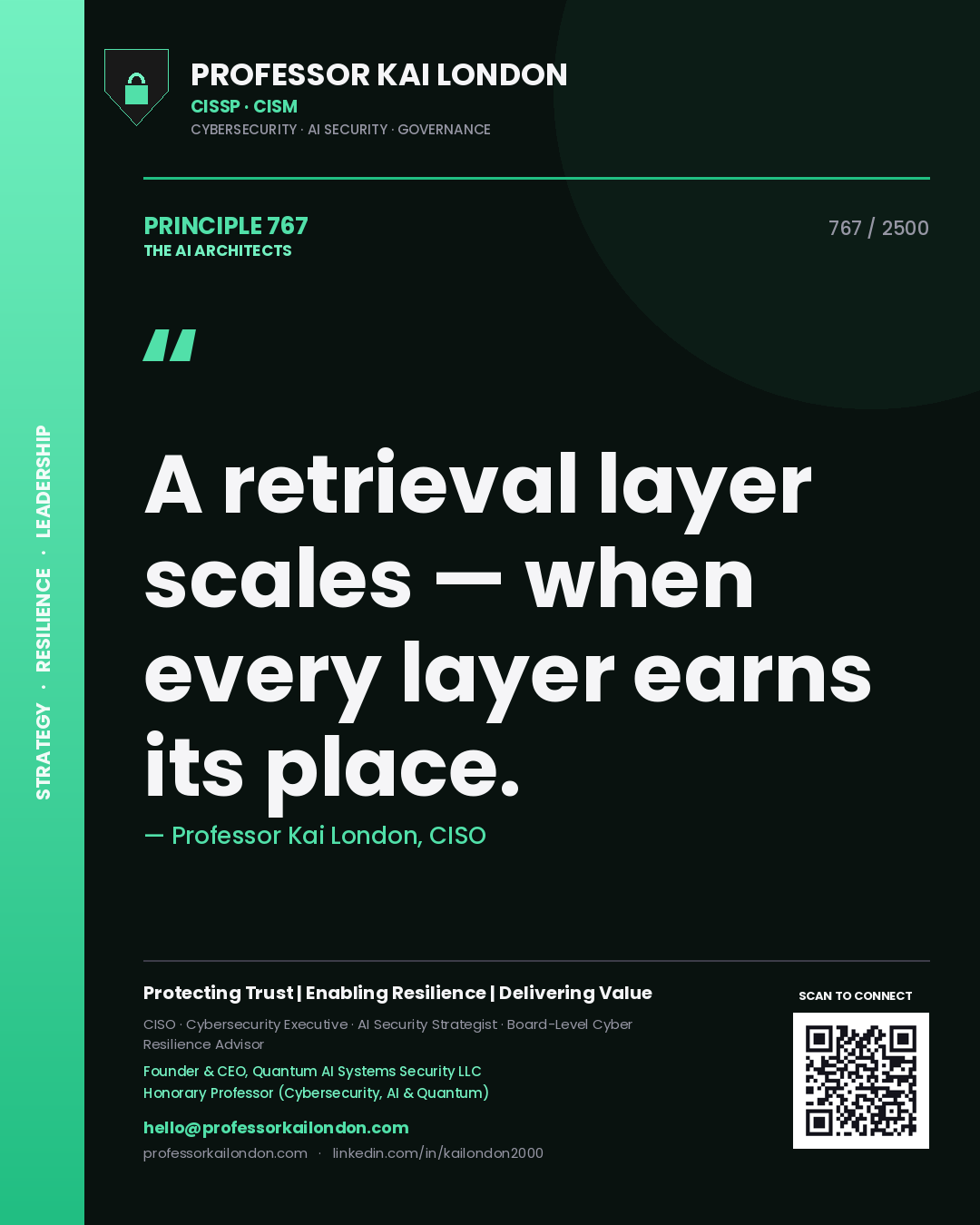 Professor Kai London principle 767: A retrieval layer scales — when every layer earns its place.