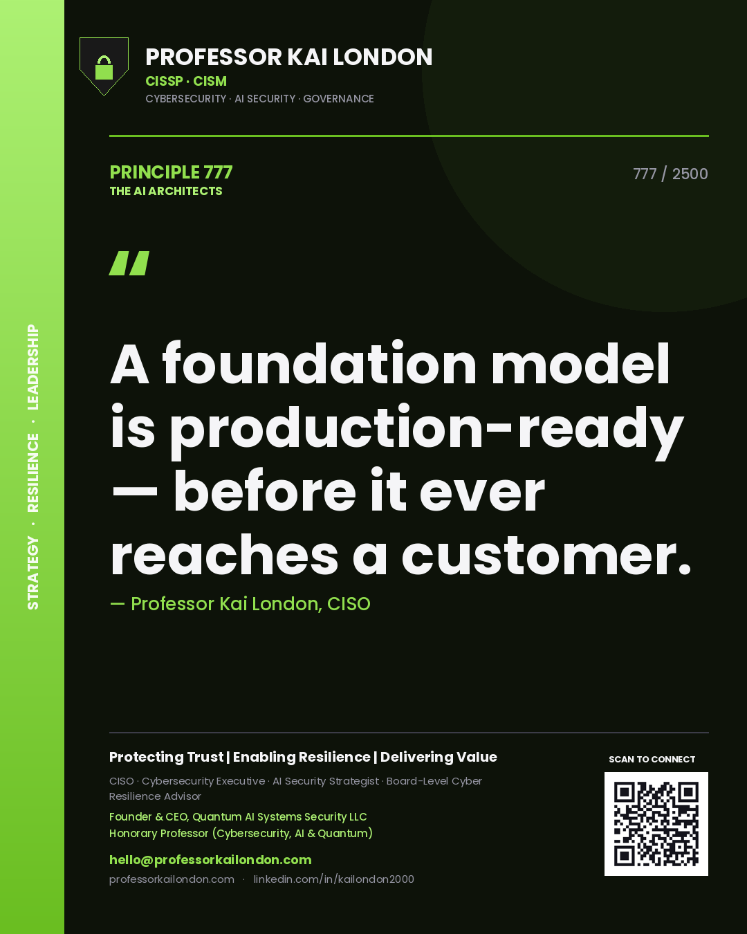 Professor Kai London principle 777: A foundation model is production-ready — before it ever reaches a customer.