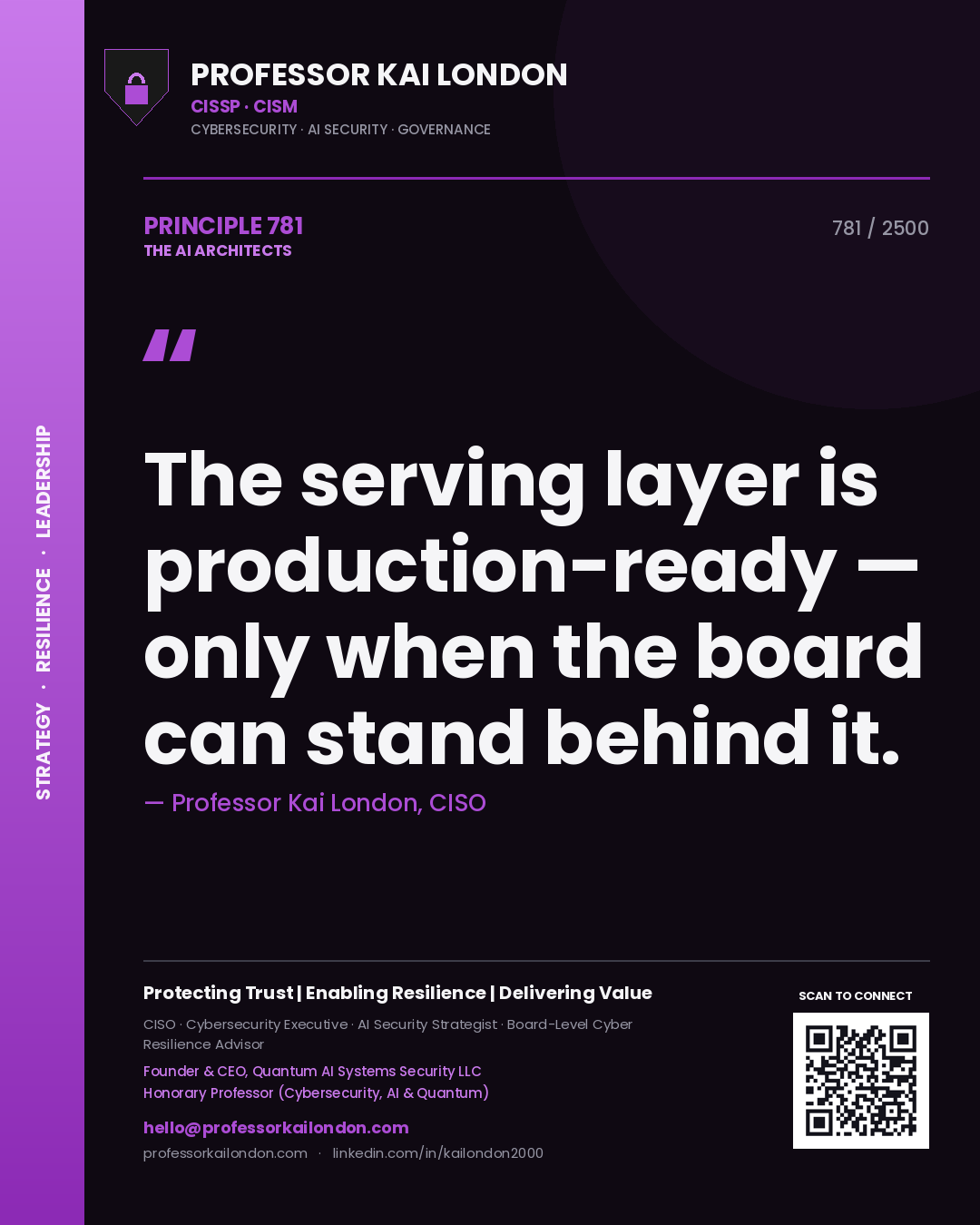 Professor Kai London principle 781: The serving layer is production-ready — only when the board can stand behind it.